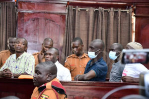 Suspects in the murder of social worker Maria Nagirinya and her driver Ronald Kitayimbwa appearing before Court on October 19, 2023. Photo/Daily Monitor