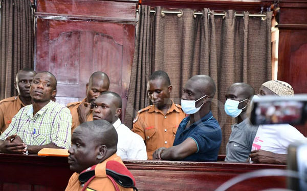 Suspects in the murder of social worker Maria Nagirinya and her driver Ronald Kitayimbwa appearing before Court on October 19, 2023. Photo/Daily Monitor
